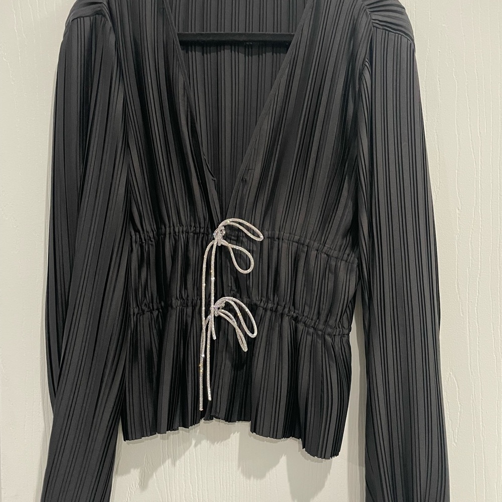 Wayf Black Pinstripe Blouse with Tie Detail